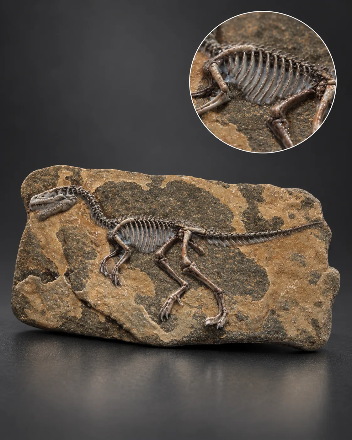 Esqueleto de dinosaurio en relieve sobre piedra, con un círculo de detalle macro que muestra el volumen del relieve