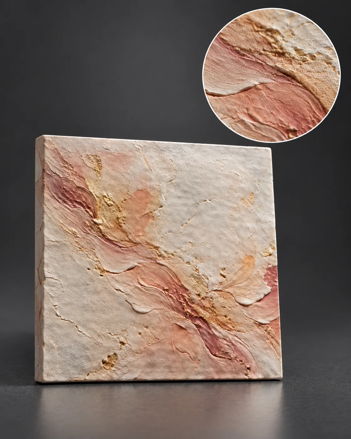 Lienzo abstracto rosa y coral, con un círculo de detalle macro del relieve