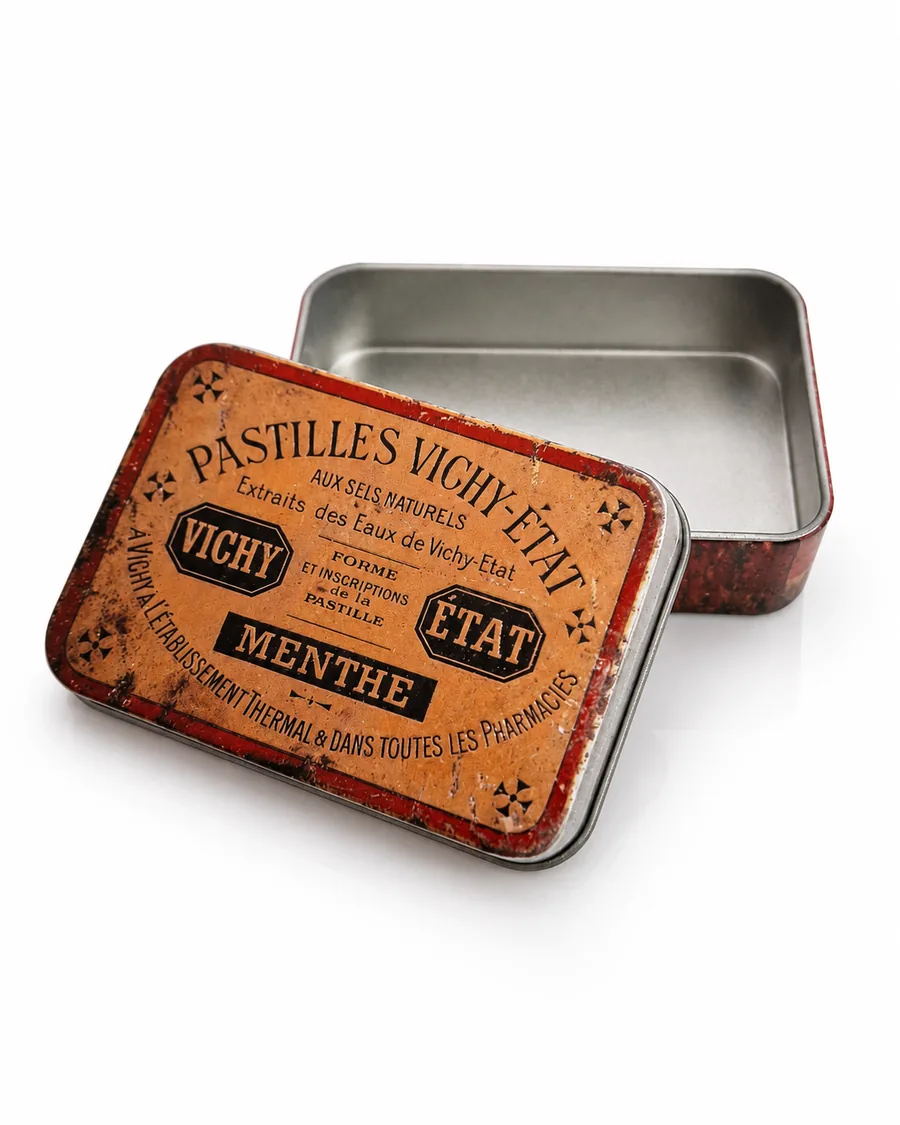 Caja metálica abierta con tapa impresa en estilo vintage francés