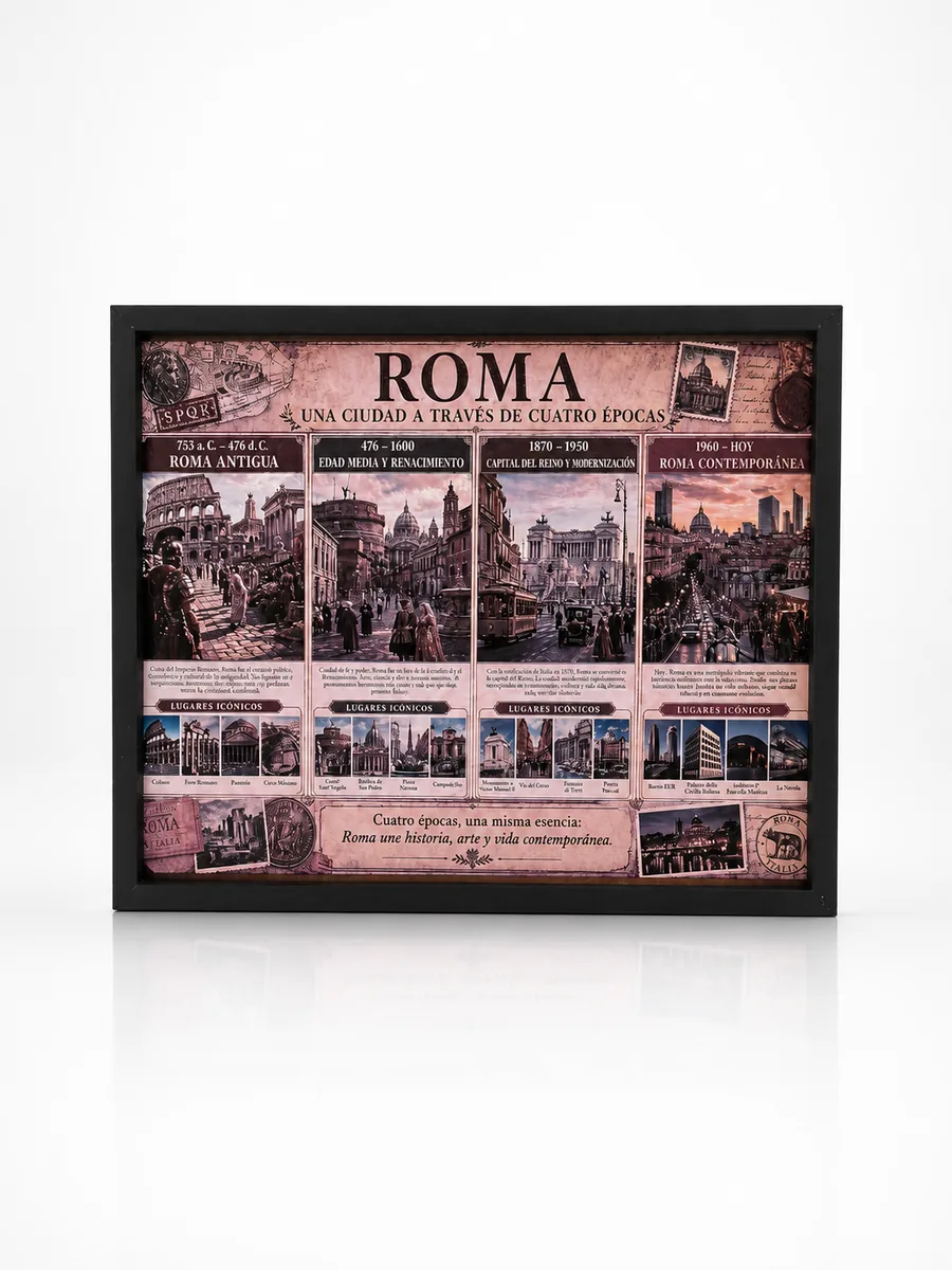 Portarretrato con marco negro y lámina sobre Roma impresa en vidrio con relieve