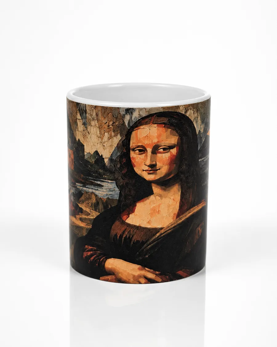 Taza de cerámica blanca con una reinterpretación de la Gioconda impresa con relieve de empaste